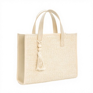 Sacs fourre-tout en lin réutilisables grande capacité pour femmes, doublure polyester, sacs à bandoulière simples tissés à la française avec pompons, vente en gros - Product Image 3