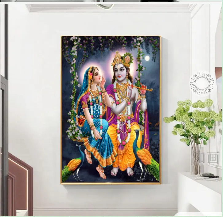 Pintura de cristal personalizada com diamantes, arte de parede, Radha Krishna Jhoola, pintura de flores, arte, pôster, deus, cor azul escuro, foto