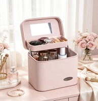 Grande Trousse de Maquillage Multi-Niveaux Grande Capacité avec Miroir, Plateaux Pliables, en Cuir PU, Boîte de Voyage Portable pour Cosmétiques