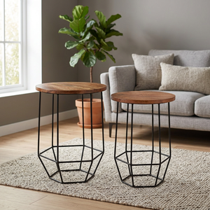 Modern <b>Wooden</b> Top <b>Side</b> <b>Table</b> Set with Black Metal Wire Base Sturdy Minimal Design Perfect Accent <b>for</b> <b>Living</b> <b>Room</b> Decor - Product Image 1