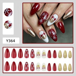 24 Uñas Postizas de Navidad Estilo Ins, con Diseño de Almendra, Copo de Nieve Rojo y Brillo Dorado, Removibles, para Salón, DIY y Fiestas - Product Image 2