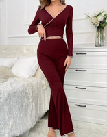 Nouveauté : Ensemble de pyjama confortable en gris, haut à col en V à manches longues et pantalon évasé, vêtements de nuit pour femmes, ensemble de vêtements de détente