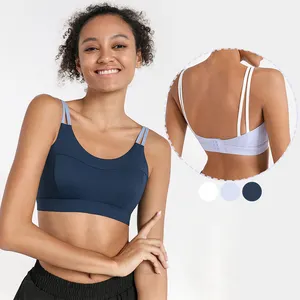 wholesale women back adjustable hook tight fit yoga top non removable padded contrast color strap design sports bra