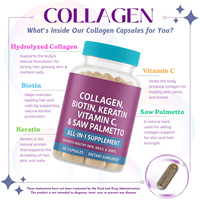 Collagène, biotine, vitamines avec kératine, vitamine C et palmier nain, complément pour cheveux, peau et ongles, 60 capsules