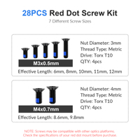 Kit de vis à points rouges en acier inoxydable trempé bleu P365, 7 tailles de vis différentes, 28 pièces