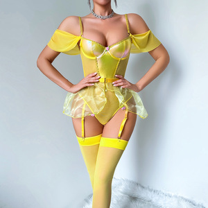 <strong>Yellow</strong> Princess Belle Cosplay Shiny Underwire <strong>Bra</strong> Off Shoulder Sleeves Ruffle Skirt Garter Stockings Women Mesh Lingerie Sets - Product Image 1