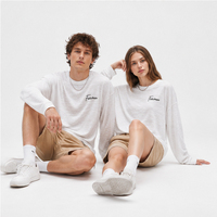 Kaos Katun Slub Bambu Putih Ringan Bernapas dengan Ujung Lengan dan Pinggiran Berlipat, Model Vintage Lengan Panjang Rajutan Slub