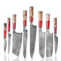 Ensemble de couteaux de chef japonais de haute qualité manche en résine rouge damas VG10 acier au carbone 67 couches fait à la main pour couper les légumes de viande