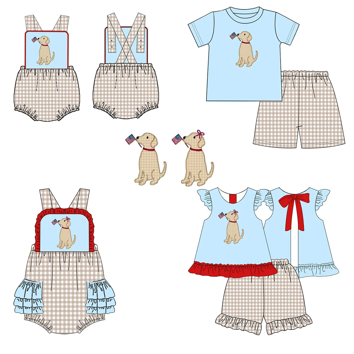 2022 Customization Independence infant cloth summer boutique kids outfit flutter sleeves dog embroidery baby girls sets