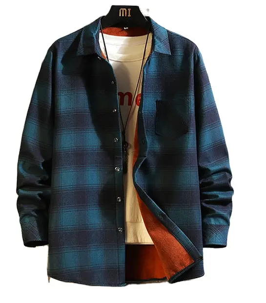 Custom pattern OEM Autumn winter new fashion flannel plaid shirt men's shirt with Fleece coat men's jacket Customization pattern