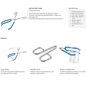 Equipamento de laboratório de química Ferramentas de laboratório Laboratório <span class=keywords><strong>Beaker</strong></span> <span class=keywords><strong>Tongs</strong></span> Prongs Aço inoxidável 11,81 polegadas Abre 180 mm Largura Azul - Product Image 6