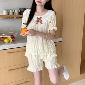 Pyjama d'été en coton jacquard respirant pour femmes Short à manches courtes Sweet Girl Heart Ruffled Bow Clouds Solid Color Home - Product Image 4