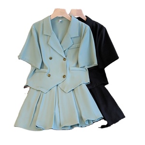 Set di due pezzi alla moda coreana per taglie forti da donna estivo con colletto Casual irregolare gonna a pieghe abito a tinta unita - Product Image 1