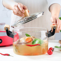 Marmite en verre OEM grande taille, résistante à la chaleur, en verre borosilicate transparent, ensemble de casseroles avec poignée en bois
