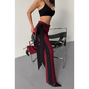 Women's <b>Burgundy</b> Hip Hop Cargo Pants with Side Stripe <b>Belt</b> Detail Mid Waist Breathable Casual Style Colored Wash for Ladies - Product Image 1