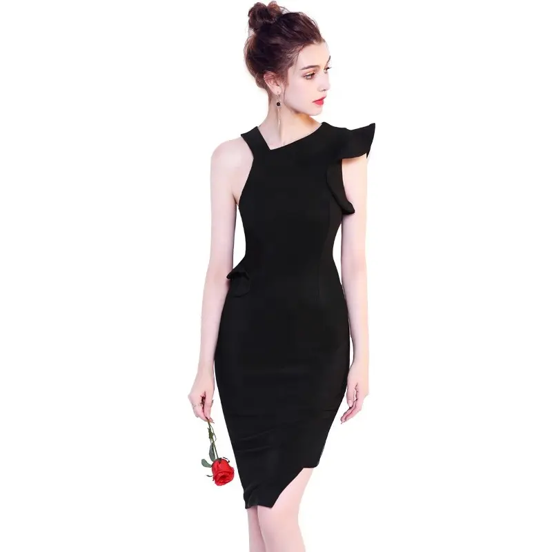 Women Elegant Sheath Black Stain Prom Trumpet Sleeve Solid Gowns zipper Evening Dress