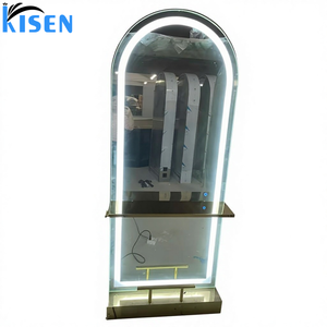 Vitrina de acero inoxidable KISEN para salón con iluminación LED y estantes de almacenamiento, espejo de diseño contemporáneo para barbería. - Product Image 2