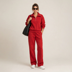 Ensemble de survêtement décontracté pour femme : sweat-shirt rouge à demi-zip et pantalon large, coupe ample, deux pièces - Product Image 1