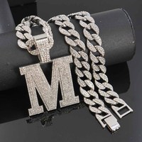 Collar con Colgante de Letra M con Incrustaciones de Diamantes para Hombre, Cadena Cubana de Aleación Plateada, Joyería Hip Hop Personalizada, Accesorios de Moda Masculinos