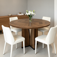Table à manger ronde extensible moderne en noyer italien, plateau en parquet géométrique avec base en bois massif pour la maison ou l'hôtel