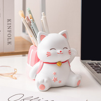 Figurine de chat porte-bonheur en résine faite à la main, Maneki Neko, porte-pinceaux de maquillage, organisateur de bureau, cadeau pour filles, décoration de la maison et du bureau
