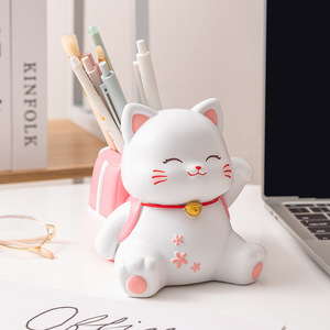 Figurine de <span class=keywords><strong>chat</strong></span> porte-bonheur en résine faite à la main, <span class=keywords><strong>Maneki</strong></span> <span class=keywords><strong>Neko</strong></span>, porte-pinceaux de maquillage, organisateur de bureau, cadeau pour filles, décoration de la maison et du bureau - Product Image 6