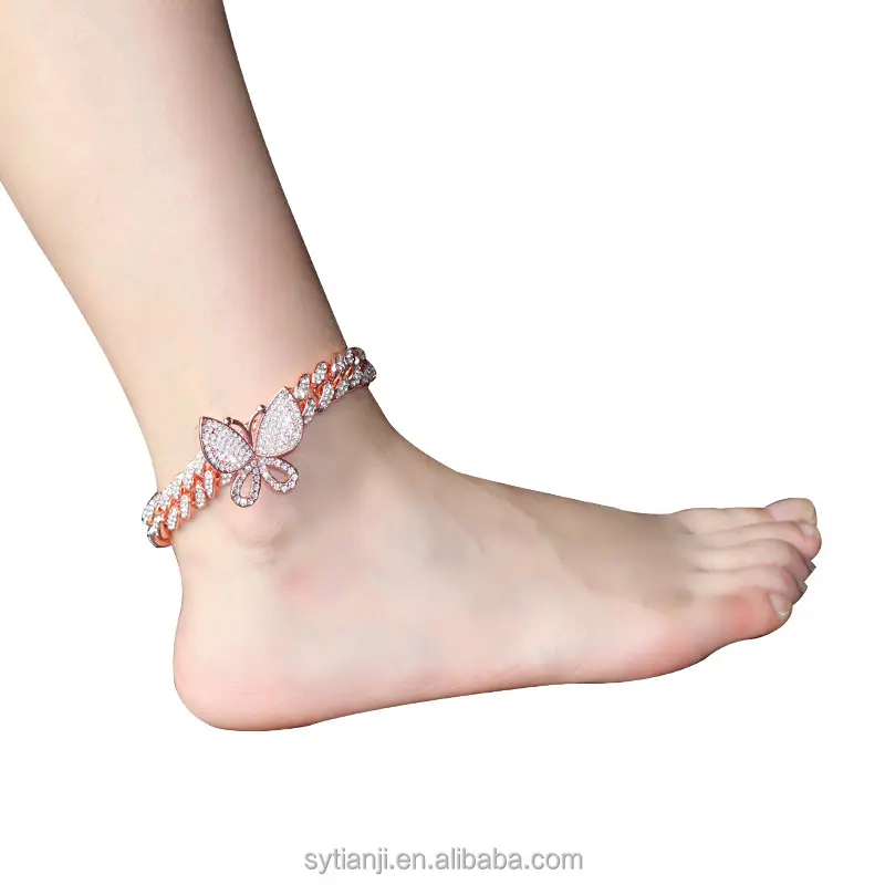 Bracelet de cheville plaqué or pour femmes, chaîne de pied avec lien cubain, cristal scintillant et papillon, bijoux