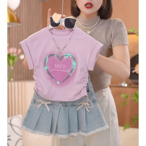 Traje de manga corta de verano para niña, conjunto de dos piezas de estilo extranjero de nuevo amor, camisa de punto de algodón con falda vaquera, diseño de estampado informal - Product Image 1