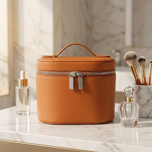 Burgundy Litchi Pattern PU Leather Makeup Bag Cylindrical Travel Toiletry Case <b>Large</b> Capacity Vanity Organizer Cosmetic <b>Box</b> Hand - Product Image 5