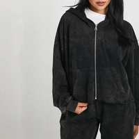 Ensemble 2 pièces sweat à capuche zippé et jogging personnalisé avec logo – Survêtement décontracté vintage style streetwear pour femme, noir délavé à l'acide