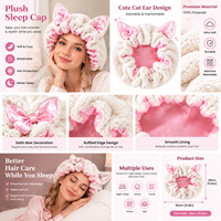 Bonnet de nuit en polaire doux avec oreilles, nœud et volants pour femme – Chapeau de nuit chaud et mignon à motif de dessin animé pour protéger les cheveux à la maison