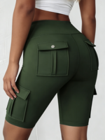 Shorts de sport taille haute vert olive en polyester respirant pour femme - Athlétique et ajusté avec extensibilité quadridirectionnelle et poches cargo