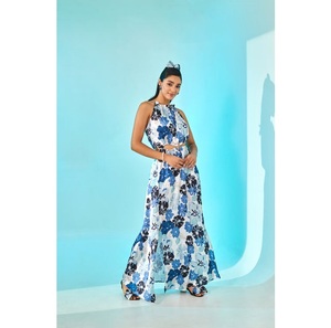 Robe longue à imprimé floral bleu, robes décontractées pour femmes, avec tissu léger, design à volants superposés, coupe confortable - Product Image 1