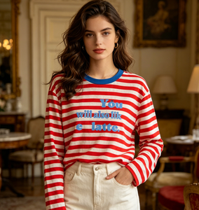 T-shirt à manches longues rayé <span class=keywords><strong>rouge</strong></span> et <span class=keywords><strong>blanc</strong></span> pour <span class=keywords><strong>femme</strong></span>, col <span class=keywords><strong>bleu</strong></span> avec imprimé lettres, haut décontracté - Product Image 1