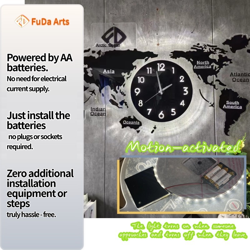 Large World Map Silent Wall Clock with LED Night Light (120x55cm) - View 5