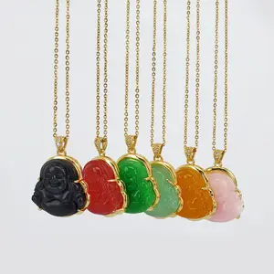 Colar de pingente de buda, colar de aço inoxidável com borda de cristal, colar de buda, multi cores, natural, de jade, religioso, maitreya, pingente de buda