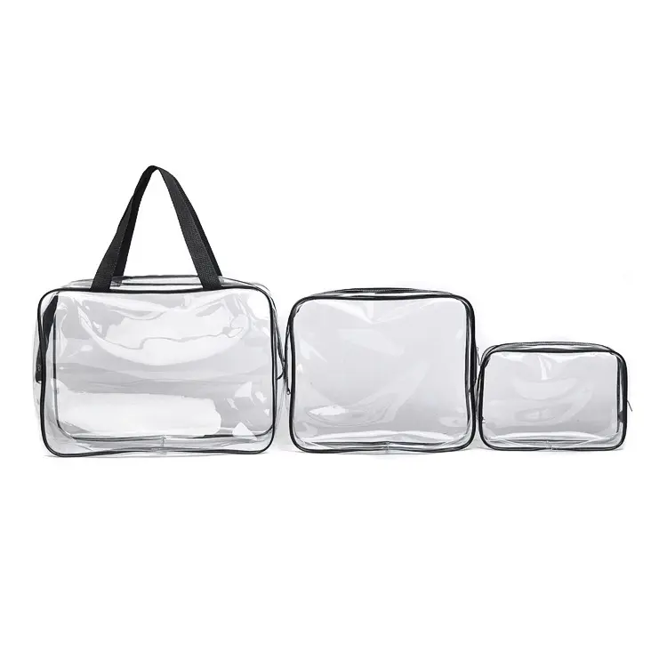 3 adet kristal şeffaf kozmetik çantası seyahat makyaj çantası seti vinil PVC boş makyaj çantası