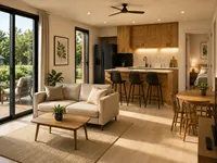 Villa modulaire préfabriquée 2 chambres 54 m² en conteneur d'acier avec terrasse en bois, 1 salle de bain, cuisine et salon pour complexe résidentiel