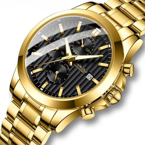 Montre à quartz pour homme de luxe OEM ODM en acier inoxydable doré avec chronographe, fenêtre de calendrier, étanche 30M, lumineuse, style business décontracté - Product Image 1