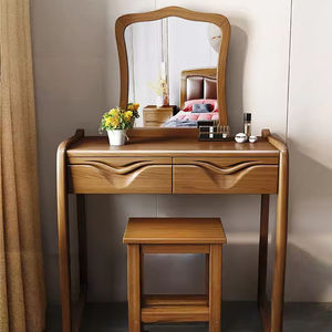 Tocador Contemporáneo de Teca Sólida con Espejo Integrado, Taburete y Dos Cajones, Diseño Minimalista para Dormitorio o Sala de Maquillaje - Product Image 3