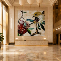 Mural Mosaik Seni Kaca Buatan Tangan Khusus dengan Motif Burung, Bunga, dan Batu untuk Dinding Fitur Villa, Hotel, dan Lobi