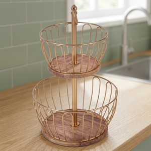 Double Tier Metal <b>Storage</b> <b>Basket</b> <b>Round</b> Kitchen Organizer Minimalist Design Standing Type - Product Image 4