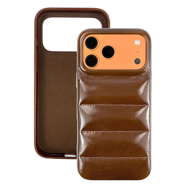 Minimalist Genuine Leather Puffer Case for 17/16/15 Pro Max Shockproof 360 Protection Comfortable Grip Magnetic Ring