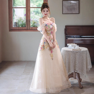 Off-Shoulder Floral Evening Dress Empire Waist A-Line Embroidered Organza For Banquet Hosts - Product Image 4