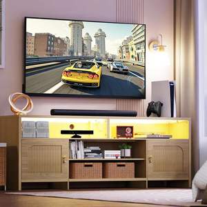 JanflyHome Meuble <span class=keywords><strong>TV</strong></span> moderne du milieu du siècle à lumière LED <span class=keywords><strong>en</strong></span> chêne naturel 70/75/<span class=keywords><strong>80</strong></span>/85 pouces Meuble <span class=keywords><strong>TV</strong></span> cannelé avec étagère de rangement ouverte - Product Image 3
