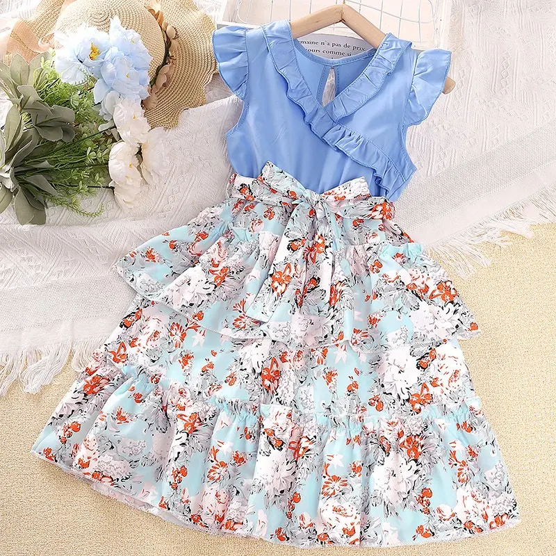 2023 Summer Casual Party Boutique Kids Girls Clothing Fly Sleeve V Neck Floral Patchwork Cake Skirt Child Princess Dress