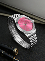 Montre-bracelet à quartz de luxe pour homme avec cadran rose, lunette polie, index horaires, date et boîtier en acier inoxydable