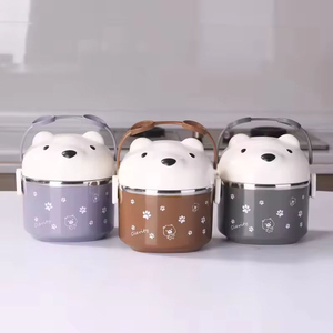 Cute Triple Layer Stainless Steel <b>Lunch</b> <b>Box</b> 2.4L Portable <b>Stackable</b> Food Container for Children Cylinder Shape Plastic Lid - Product Image 4