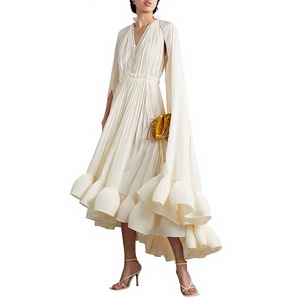 Vestido Longo Elegante Vintage de Primavera para Mulheres, Corte Solto, Decote em V, Com Renda e Babados - Product Image 1