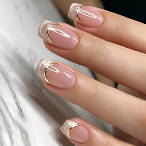 <span class=keywords><strong>Uñas</strong></span> Postizas en China, Color Rosa Nude Brillante, Forma Cuadrada, con Borde Dorado Brillante, Línea Metálica Dorada, <span class=keywords><strong>Elegantes</strong></span> <span class=keywords><strong>Uñas</strong></span> Postizas Decoradas - Product Image 1